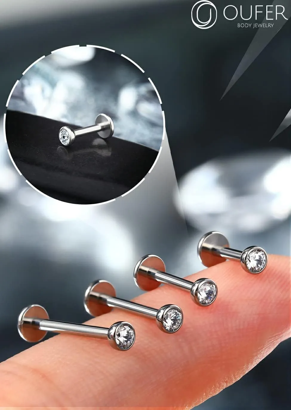 OUFER 2Pcs 20G/18G/16G G23 Titanium Threadless Nose Stud Earrings Flat Back Tiny CZ Small Nose Helix Cartilage Tragus Conch Labret Medusa Monroe Piercing Jewelry for Women Men