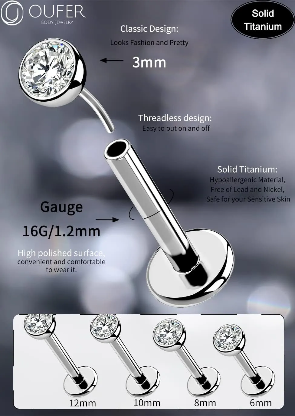 OUFER 2Pcs 20G/18G/16G G23 Titanium Threadless Nose Stud Earrings Flat Back Tiny CZ Small Nose Helix Cartilage Tragus Conch Labret Medusa Monroe Piercing Jewelry for Women Men