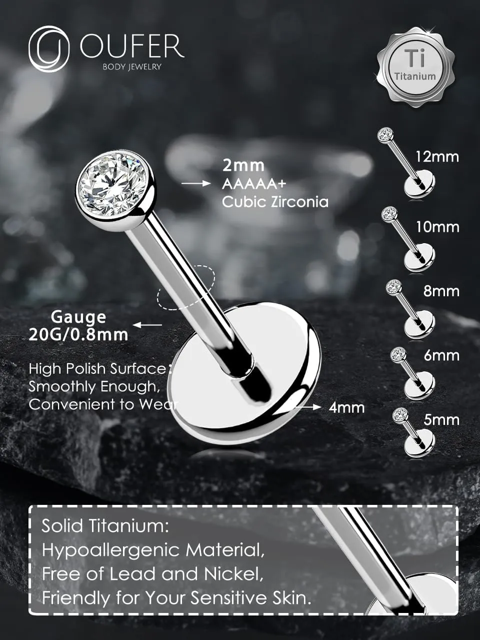 OUFER 2Pcs 20G/18G/16G G23 Titanium Threadless Nose Stud Earrings Flat Back Tiny CZ Small Nose Helix Cartilage Tragus Conch Labret Medusa Monroe Piercing Jewelry for Women Men