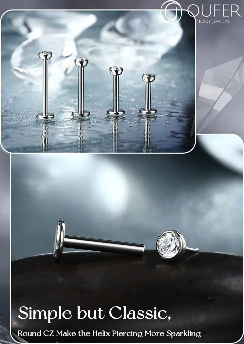 OUFER 2Pcs 20G/18G/16G G23 Titanium Threadless Nose Stud Earrings Flat Back Tiny CZ Small Nose Helix Cartilage Tragus Conch Labret Medusa Monroe Piercing Jewelry for Women Men