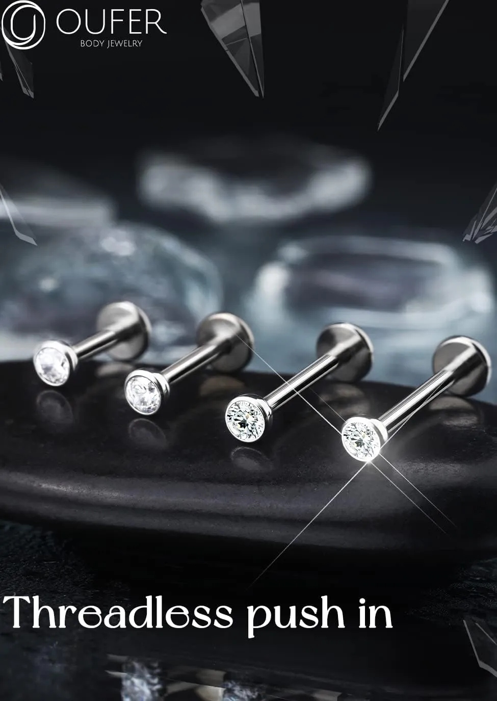 OUFER 2Pcs 20G/18G/16G G23 Titanium Threadless Nose Stud Earrings Flat Back Tiny CZ Small Nose Helix Cartilage Tragus Conch Labret Medusa Monroe Piercing Jewelry for Women Men