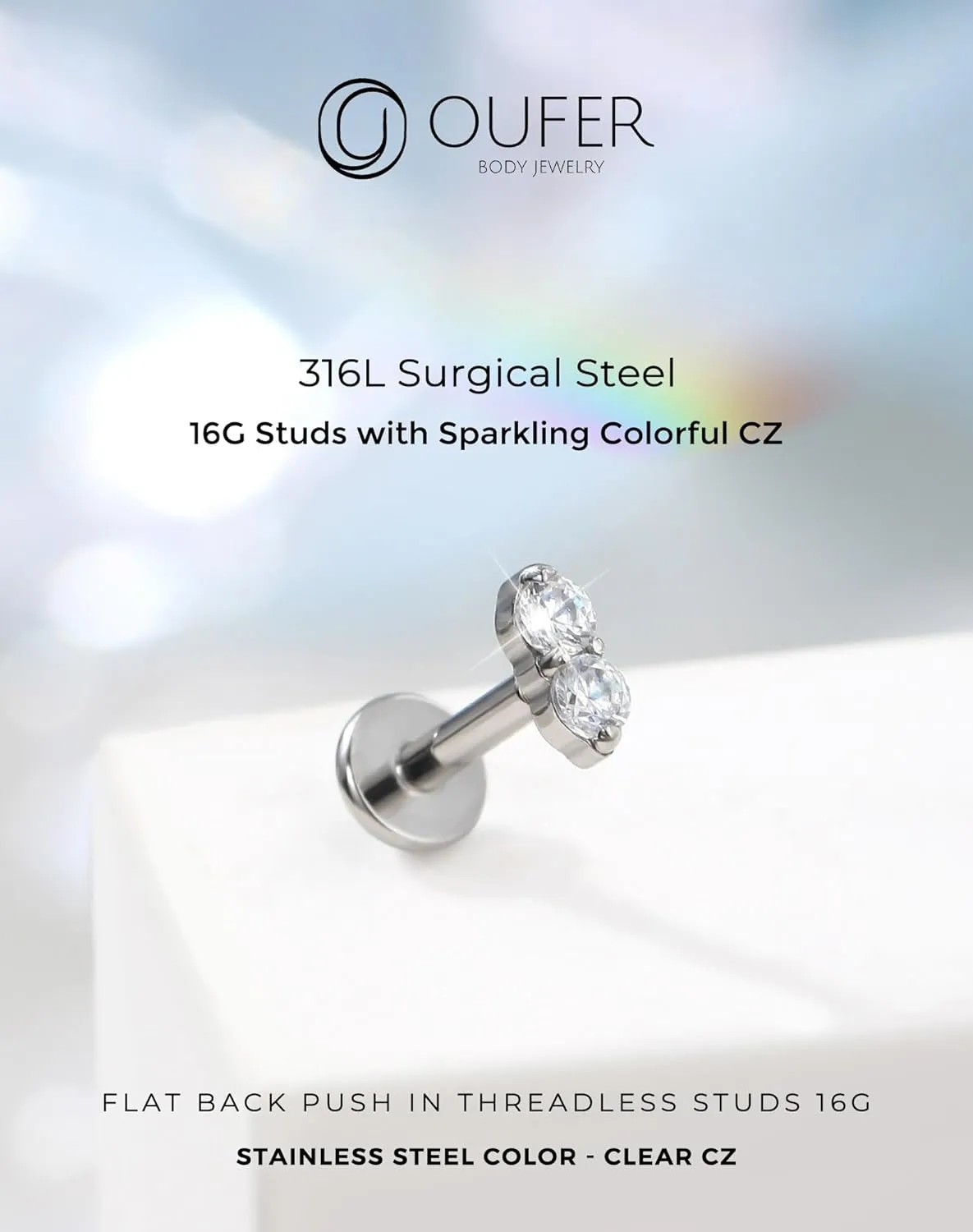 OUFER Cartilage Piercing Jewelry, 316L Stainless Steel 16G Helix Earrings Flat Back, Gold Push in Threadless Lip Rings Studs, CZ Cartilage Helix Tragus Earrings for Women Men