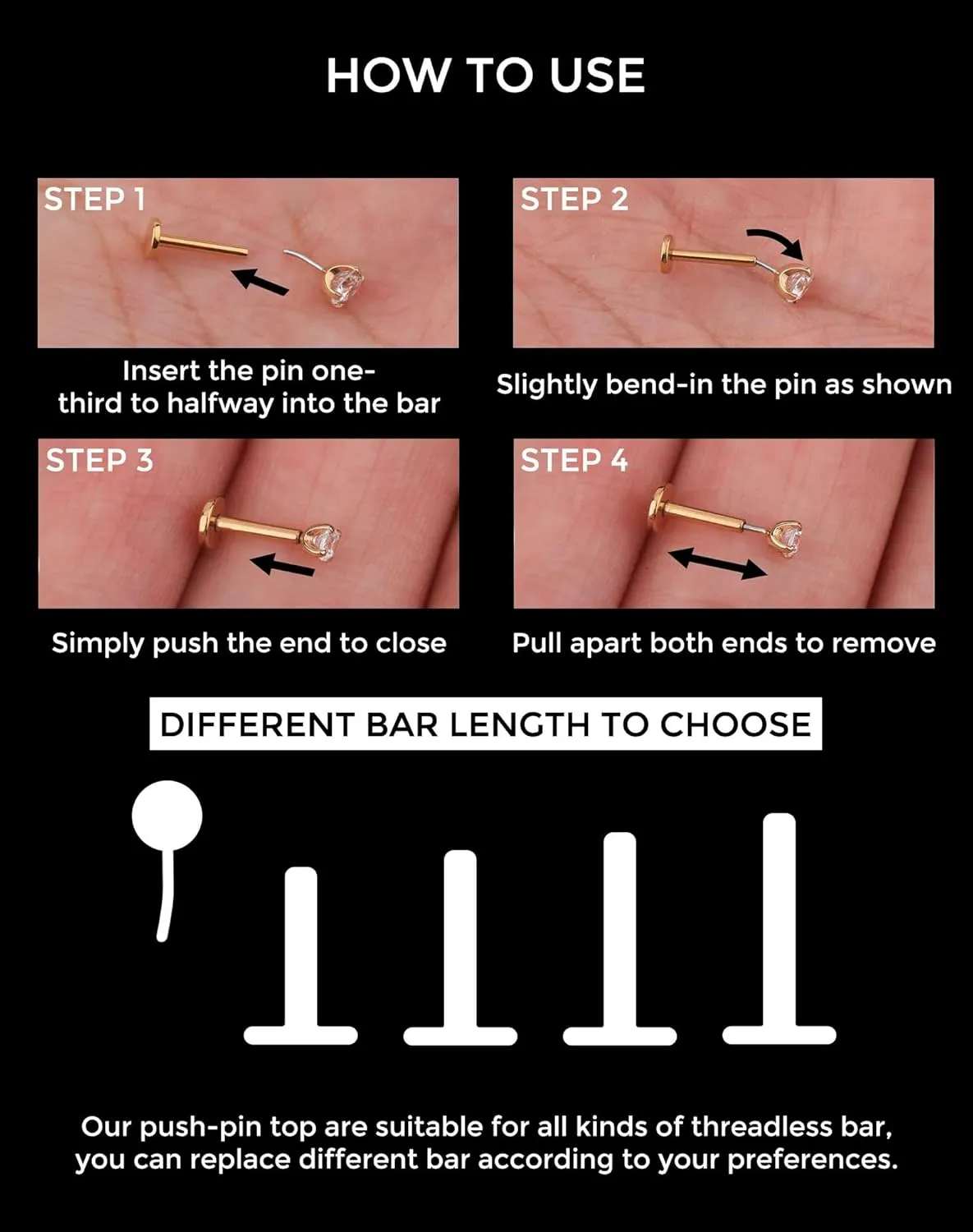 OUFER Cartilage Piercing Jewelry, 316L Stainless Steel 16G Helix Earrings Flat Back, Gold Push in Threadless Lip Rings Studs, CZ Cartilage Helix Tragus Earrings for Women Men