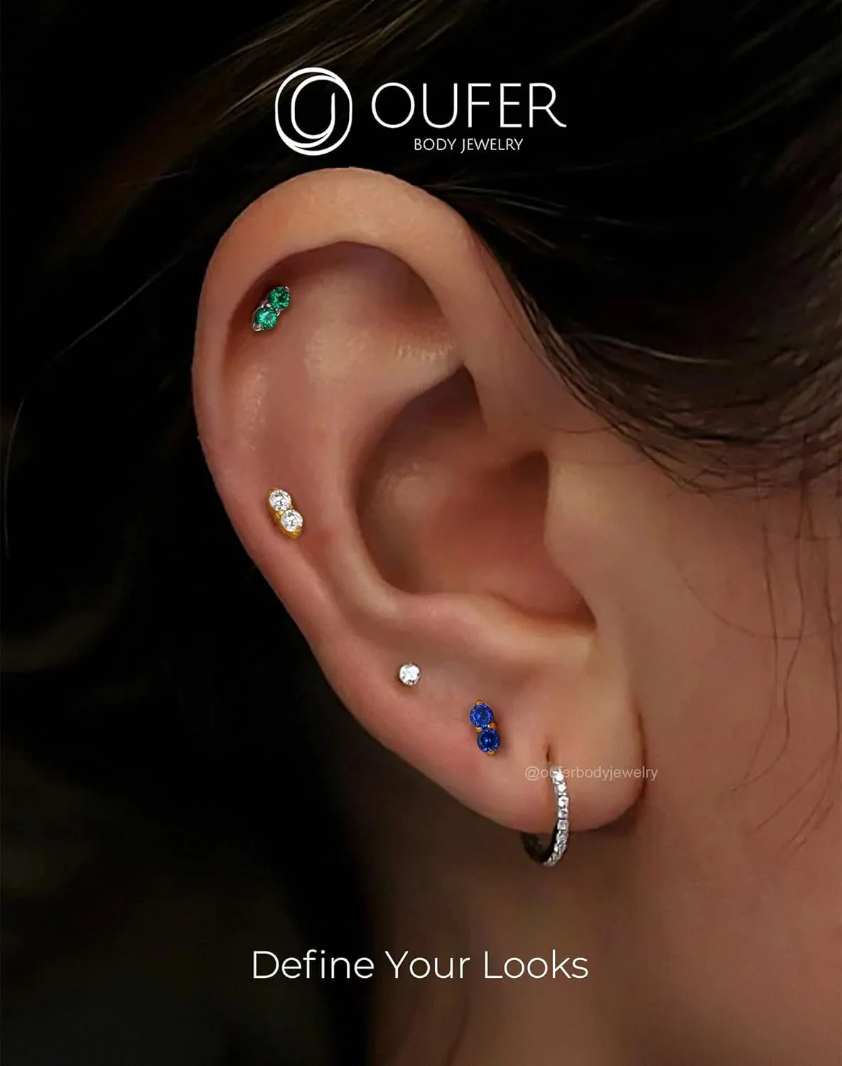 OUFER Cartilage Piercing Jewelry, 316L Stainless Steel 16G Helix Earrings Flat Back, Gold Push in Threadless Lip Rings Studs, CZ Cartilage Helix Tragus Earrings for Women Men