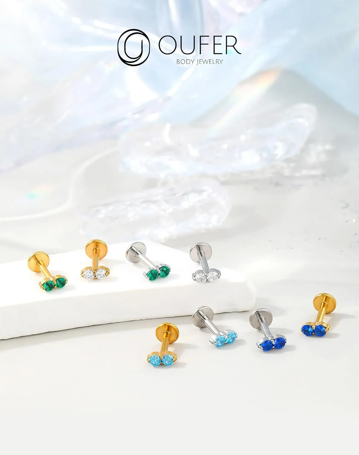 OUFER Cartilage Piercing Jewelry, 316L Stainless Steel 16G Helix Earrings Flat Back, Gold Push in Threadless Lip Rings Studs, CZ Cartilage Helix Tragus Earrings for Women Men
