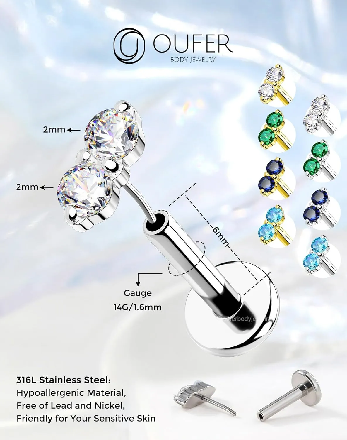 OUFER Cartilage Piercing Jewelry, 316L Stainless Steel 16G Helix Earrings Flat Back, Gold Push in Threadless Lip Rings Studs, CZ Cartilage Helix Tragus Earrings for Women Men