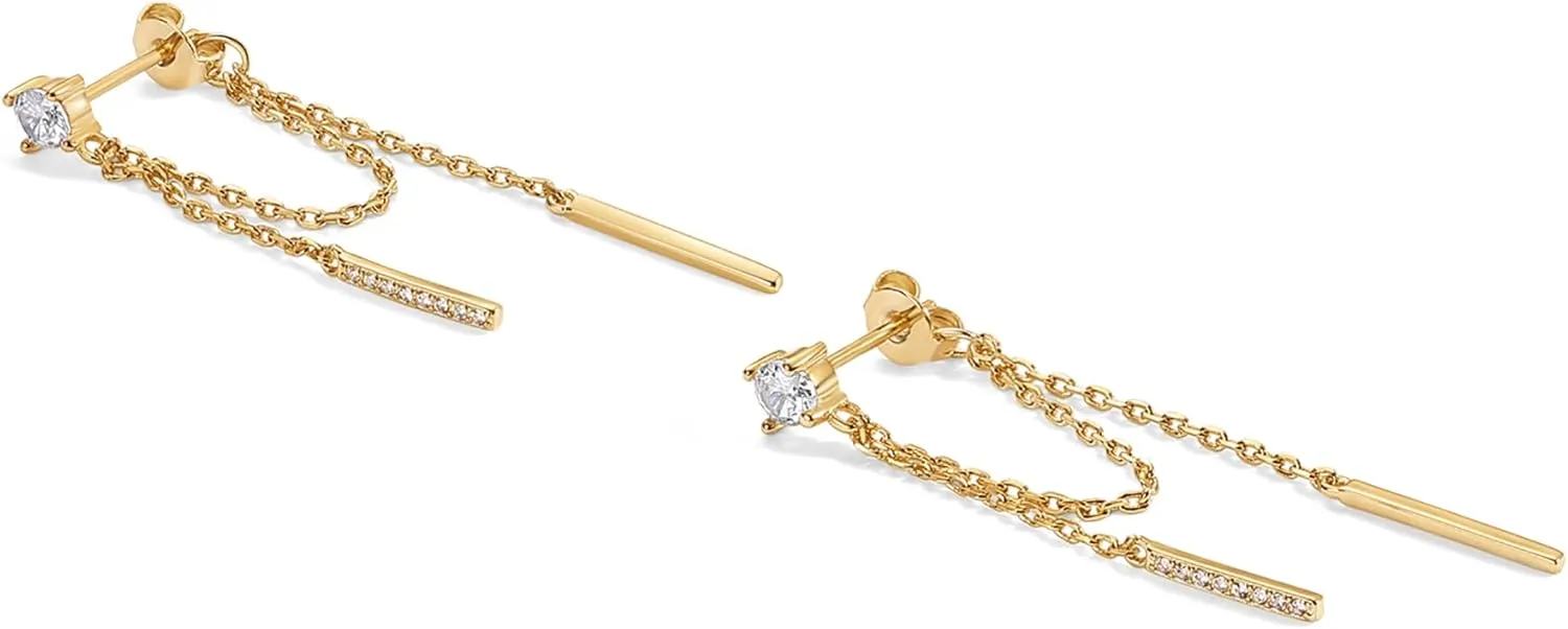 PAVOI 18K Gold Plated Sterling Silver Posts Drop Dangle Chain Earrings for Women | Dangling Chain Studs | Cubic Zirconia Ball Threader Earscapes Earrings
