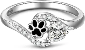 Paw Print Ring Paw Ring Sterling Silver Dog Pawprint Rings Women Heart Cubic Zirconia Pet Puppy Cat Paws Rings for Women Jewelry