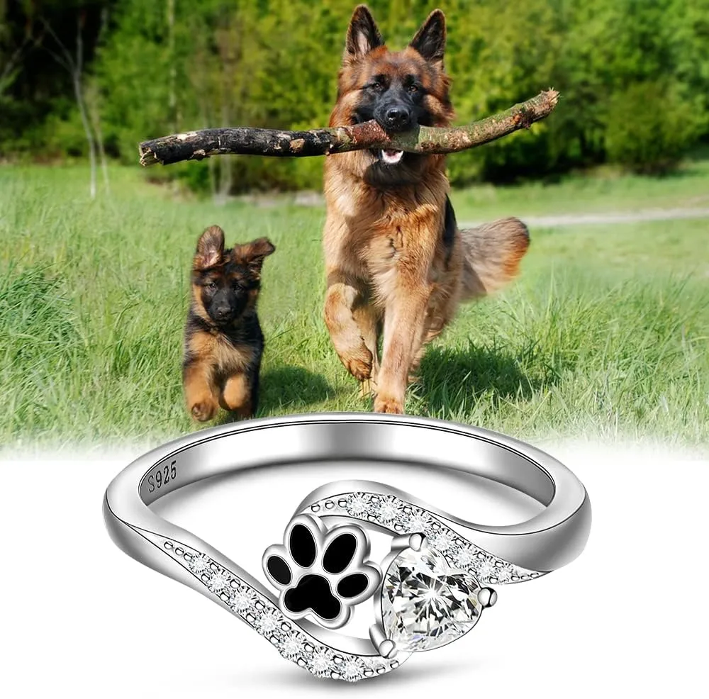 Paw Print Ring Paw Ring Sterling Silver Dog Pawprint Rings Women Heart Cubic Zirconia Pet Puppy Cat Paws Rings for Women Jewelry