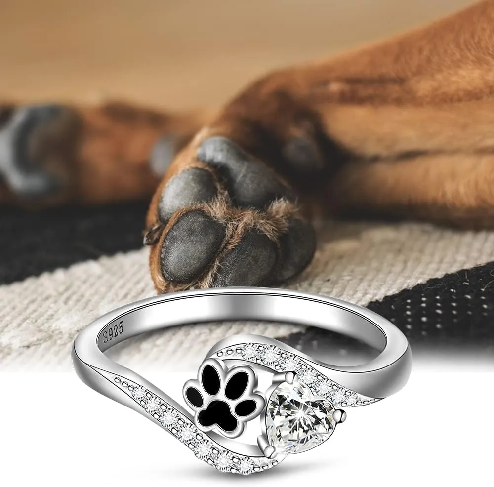 Paw Print Ring Paw Ring Sterling Silver Dog Pawprint Rings Women Heart Cubic Zirconia Pet Puppy Cat Paws Rings for Women Jewelry