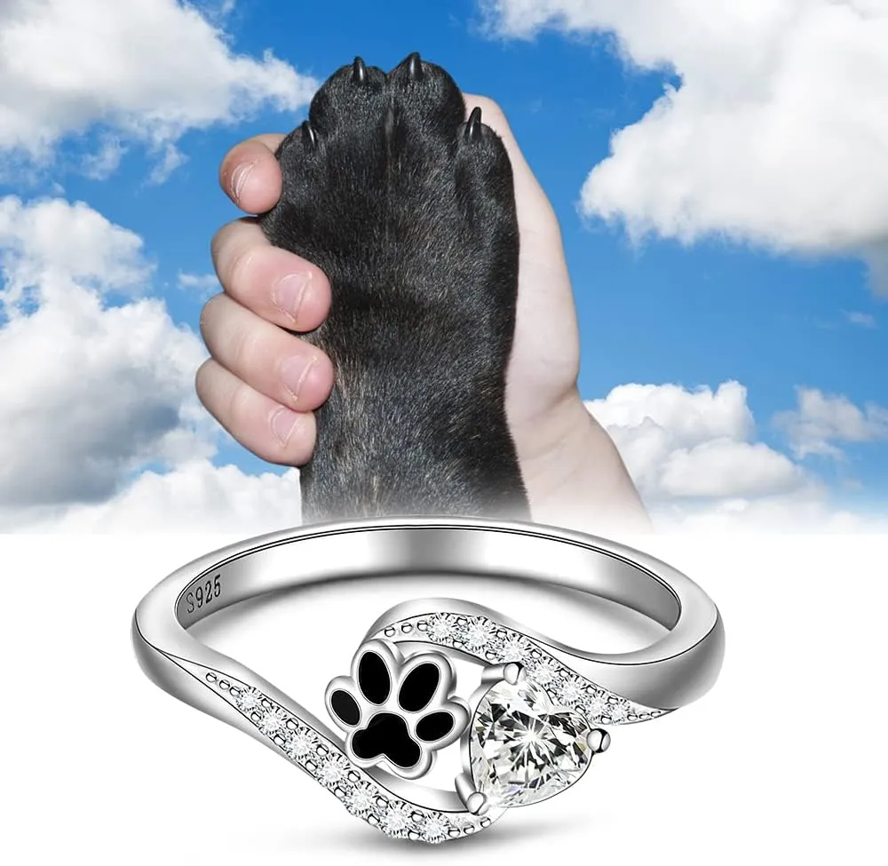 Paw Print Ring Paw Ring Sterling Silver Dog Pawprint Rings Women Heart Cubic Zirconia Pet Puppy Cat Paws Rings for Women Jewelry