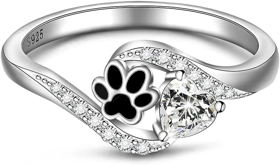 Paw Print Ring Paw Ring Sterling Silver Dog Pawprint Rings Women Heart Cubic Zirconia Pet Puppy Cat Paws Rings for Women Jewelry