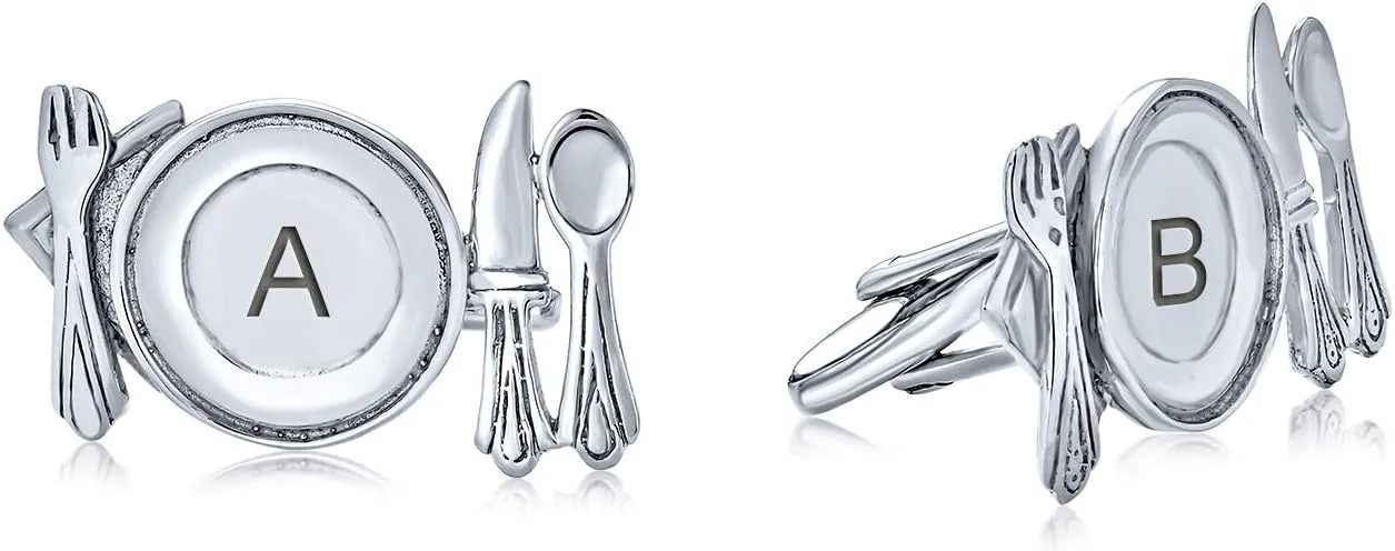 Personalize Unique Gift Culinary Gourmet Kitchen Foodie Engravable Restaurant Owner Chef Plated Knife Fork Cufflinks For Men .925 Sterling Silver