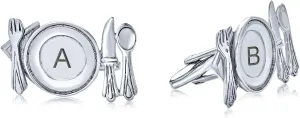 Personalize Unique Gift Culinary Gourmet Kitchen Foodie Engravable Restaurant Owner Chef Plated Knife Fork Cufflinks For Men .925 Sterling Silver