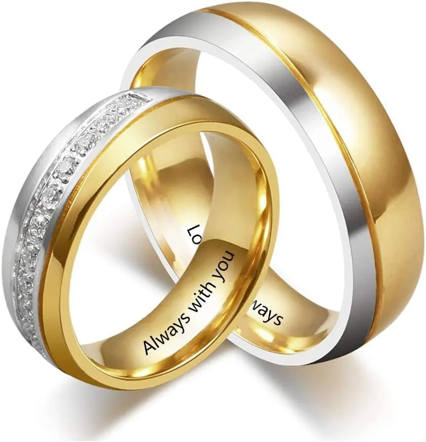 Personalized Couple Ring Bands for Women Men Couple Wedding Rings Set for Him and Her Stainless Steel Engagement Promise Mens Womens Rings (Couple Ring Set-Gold)