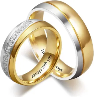 Personalized Couple Ring Bands for Women Men Couple Wedding Rings Set for Him and Her Stainless Steel Engagement Promise Mens Womens Rings (Couple Ring Set-Gold)