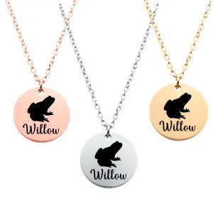 Personalized Frog Necklace, Frog Gift, Custom Engraved Round And Heart Bar Necklace, Memorial Keepsake for Frog Mom, Frog Lover Gift, Pet Name Necklace (Round)