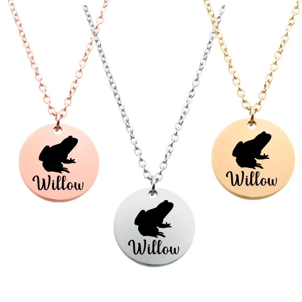 Personalized Frog Necklace, Frog Gift, Custom Engraved Round And Heart Bar Necklace, Memorial Keepsake for Frog Mom, Frog Lover Gift, Pet Name Necklace (Round)