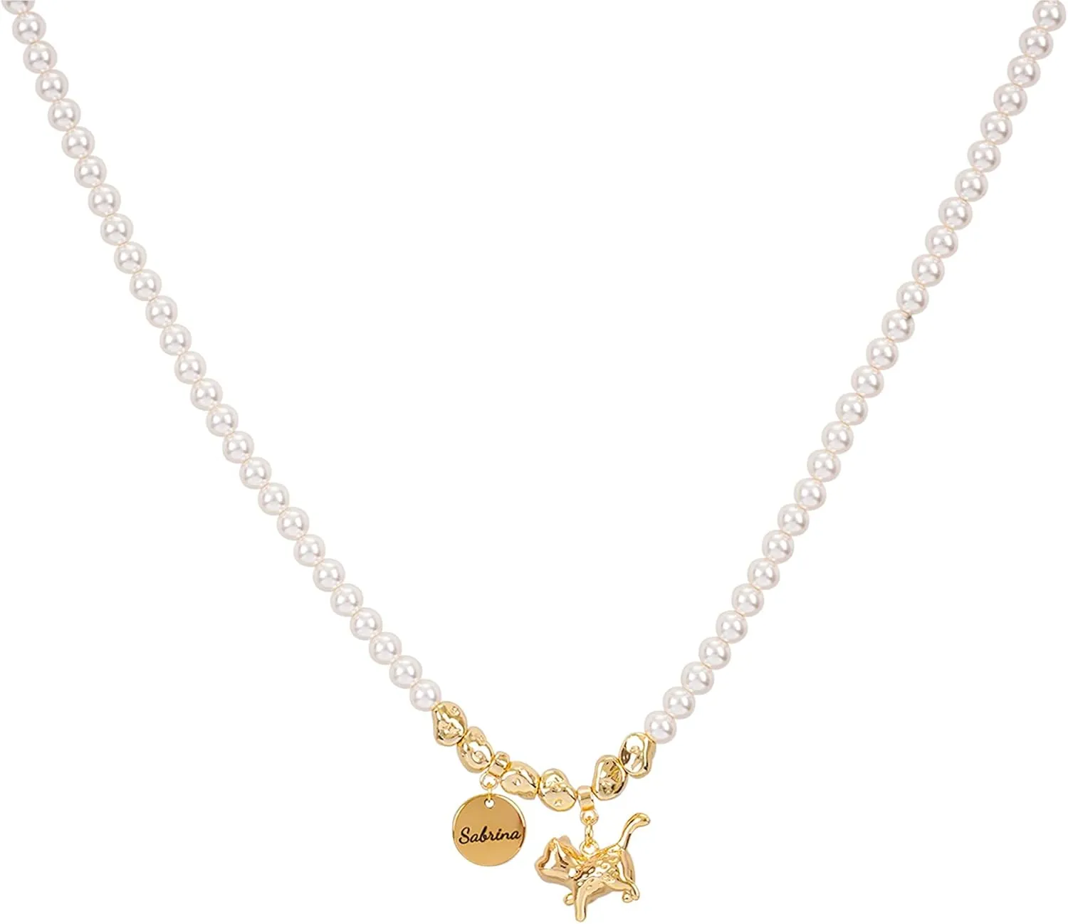 Personalized Pearl Cat Pattern Name Necklace, 14K Gold Custom Pearl Name Necklace Jewelry Gifts for Birthday Anniversary, Personalized Necklaces for Animal Lover or Custom Gift for Cat Parent