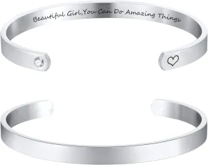 Personalized Silver Bracelets for Women - Free Engraving Inspirational Friendship Cuff,Trendy Stainless Steel Name ID Engraved Open Bangle Jewelry,Meaningful Gifts for Her Christmas Stocking Stuffers