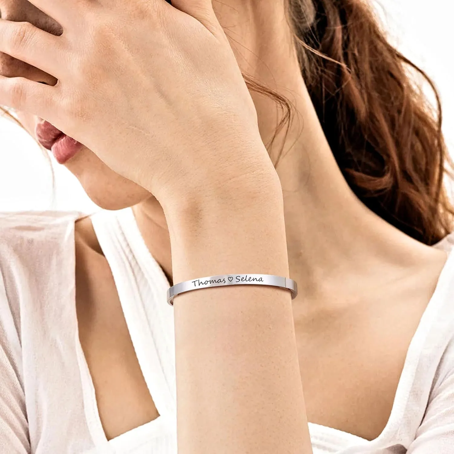Personalized Silver Bracelets for Women - Free Engraving Inspirational Friendship Cuff,Trendy Stainless Steel Name ID Engraved Open Bangle Jewelry,Meaningful Gifts for Her Christmas Stocking Stuffers