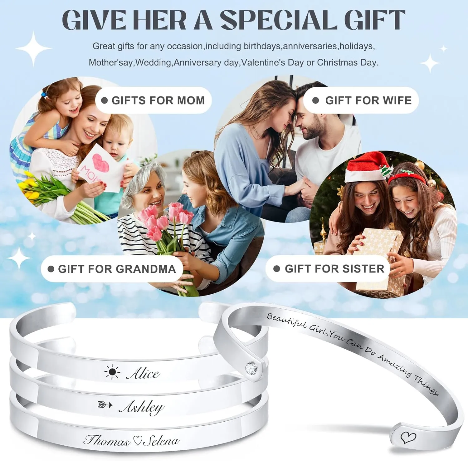 Personalized Silver Bracelets for Women - Free Engraving Inspirational Friendship Cuff,Trendy Stainless Steel Name ID Engraved Open Bangle Jewelry,Meaningful Gifts for Her Christmas Stocking Stuffers