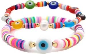 Pingyongchang 2Pcs/Set Rainbow Clay Beads Evil Eye Bracelets Set Stackable Beaded Handwoven Colorful Bracelet Surfer Summer Boho Layering Friendship Jewelry for Women Men Beach