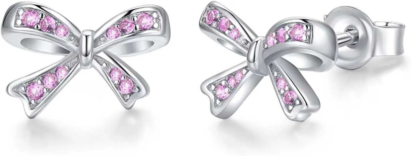 Pink Bow Girls Gifts Bow Stud Earrings for Girls Birthstone Earrings Valentines Christmas Birthday Gifts Jewelry for Women Daughter Granddaughter Teens Little Kids Girl Toddler October