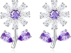 Platinum Plated Green/Purple Cubic Zirconia Little Fresh Daisy Stud Earring Birthday, Christmas or Graduation Gifts for Women YA4812