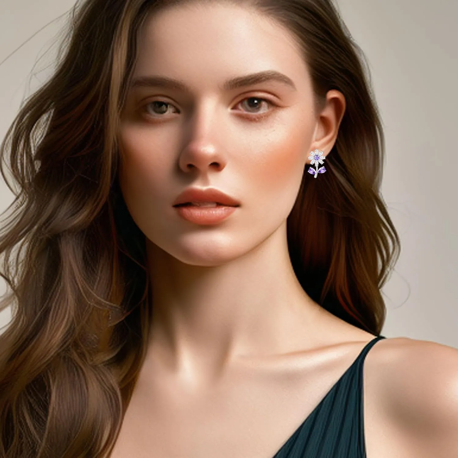 Platinum Plated Green/Purple Cubic Zirconia Little Fresh Daisy Stud Earring Birthday, Christmas or Graduation Gifts for Women YA4812