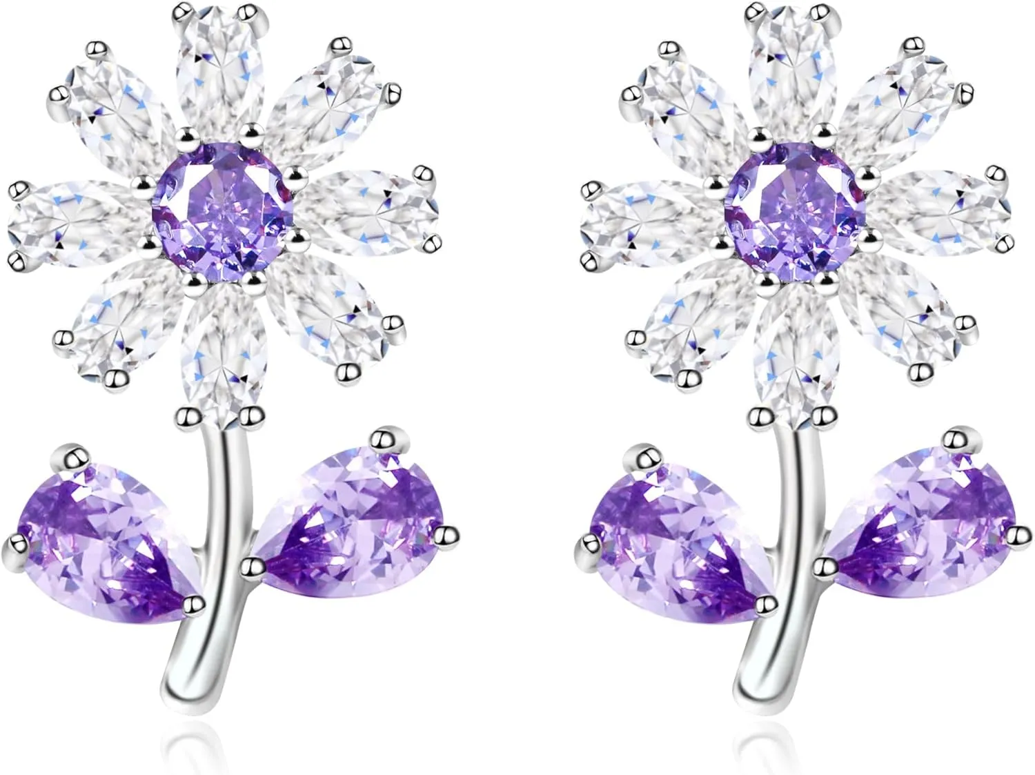 Platinum Plated Green/Purple Cubic Zirconia Little Fresh Daisy Stud Earring Birthday, Christmas or Graduation Gifts for Women YA4812