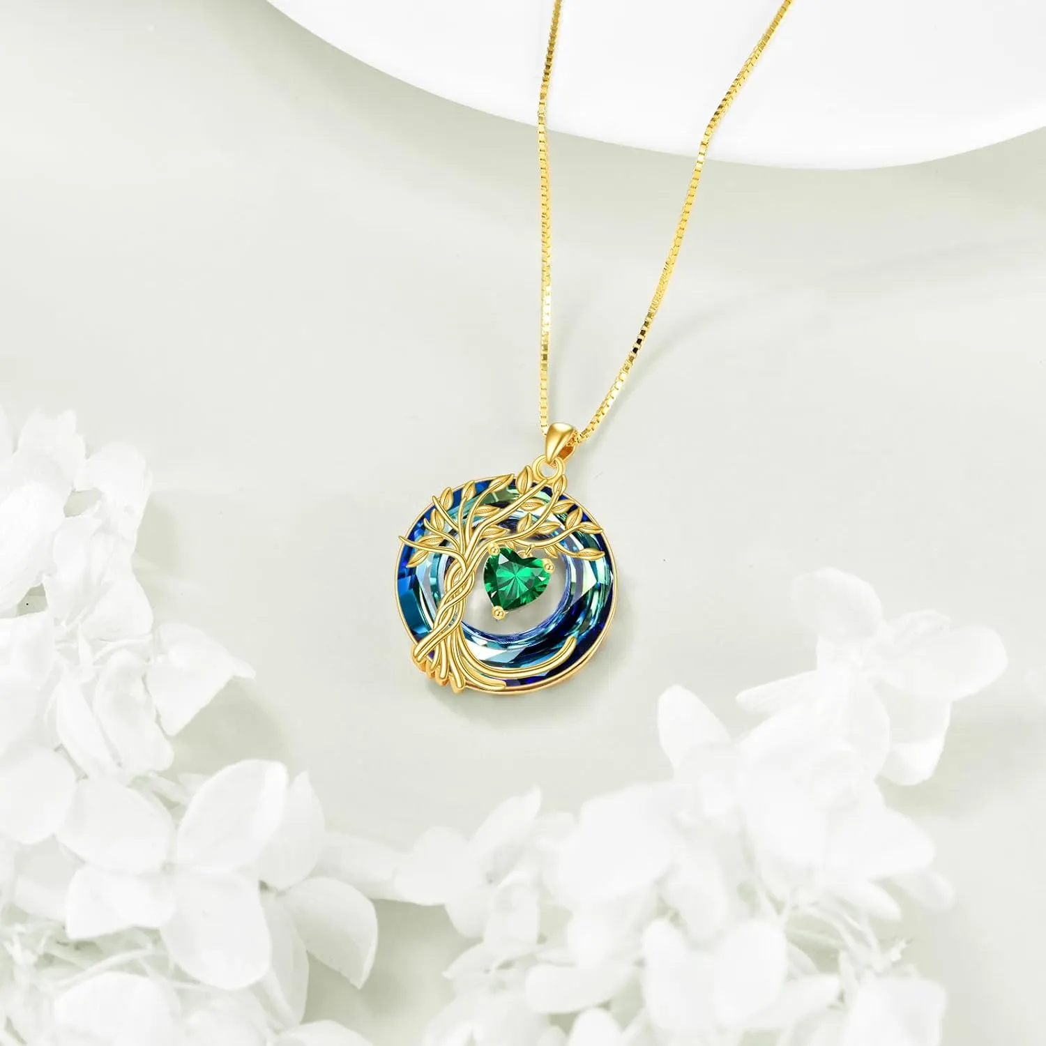 POPLYKE Tree of Life Necklace 925 Sterling Silver Birthstone Pendant Necklaces with Crystal Anniversary Birthday Wedding Jewelry for Mom Her Wife Sister