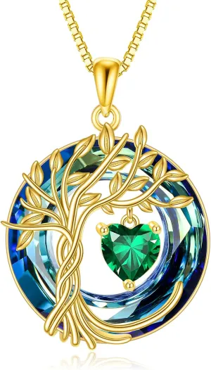 POPLYKE Tree of Life Necklace 925 Sterling Silver Birthstone Pendant Necklaces with Crystal Anniversary Birthday Wedding Jewelry for Mom Her Wife Sister