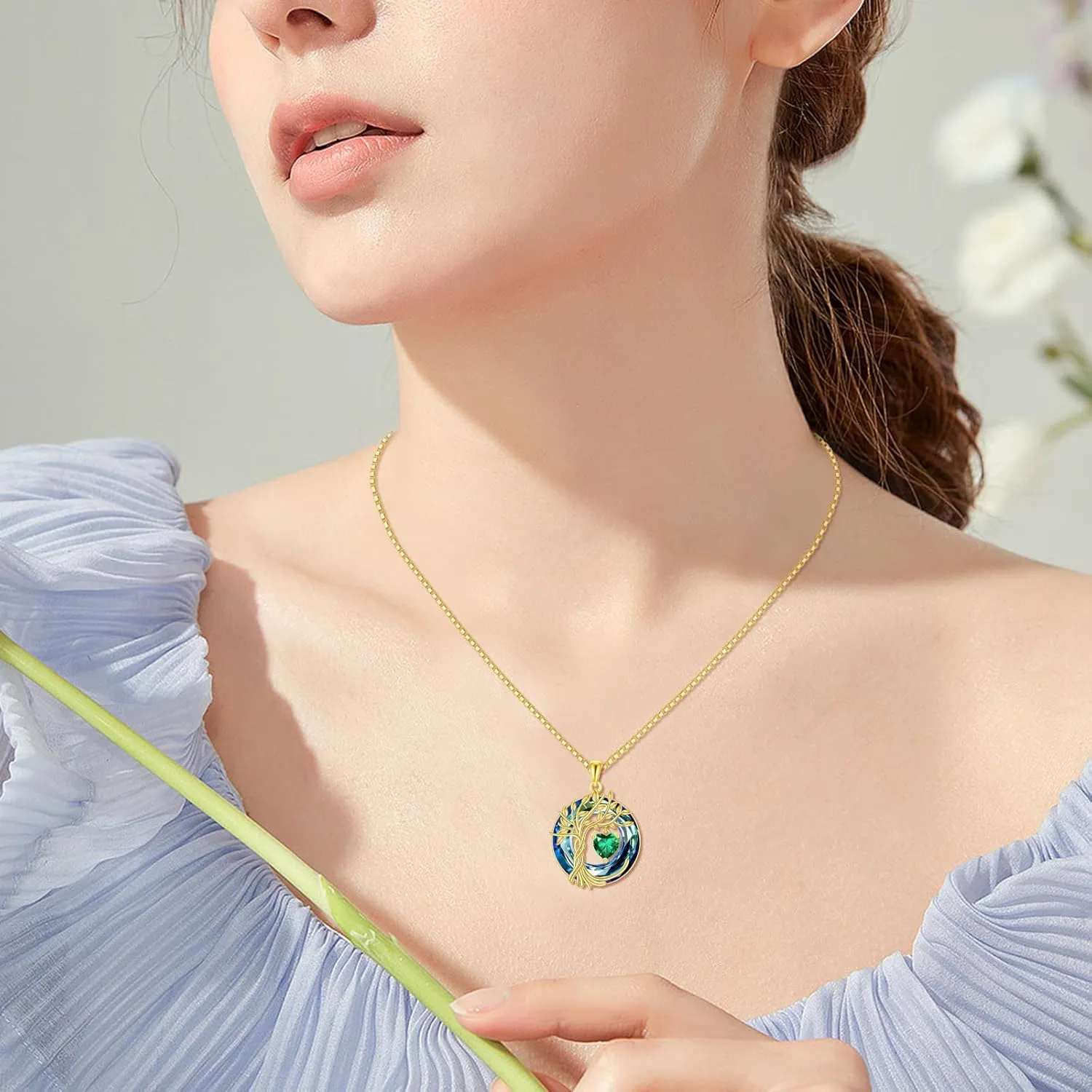 POPLYKE Tree of Life Necklace 925 Sterling Silver Birthstone Pendant Necklaces with Crystal Anniversary Birthday Wedding Jewelry for Mom Her Wife Sister