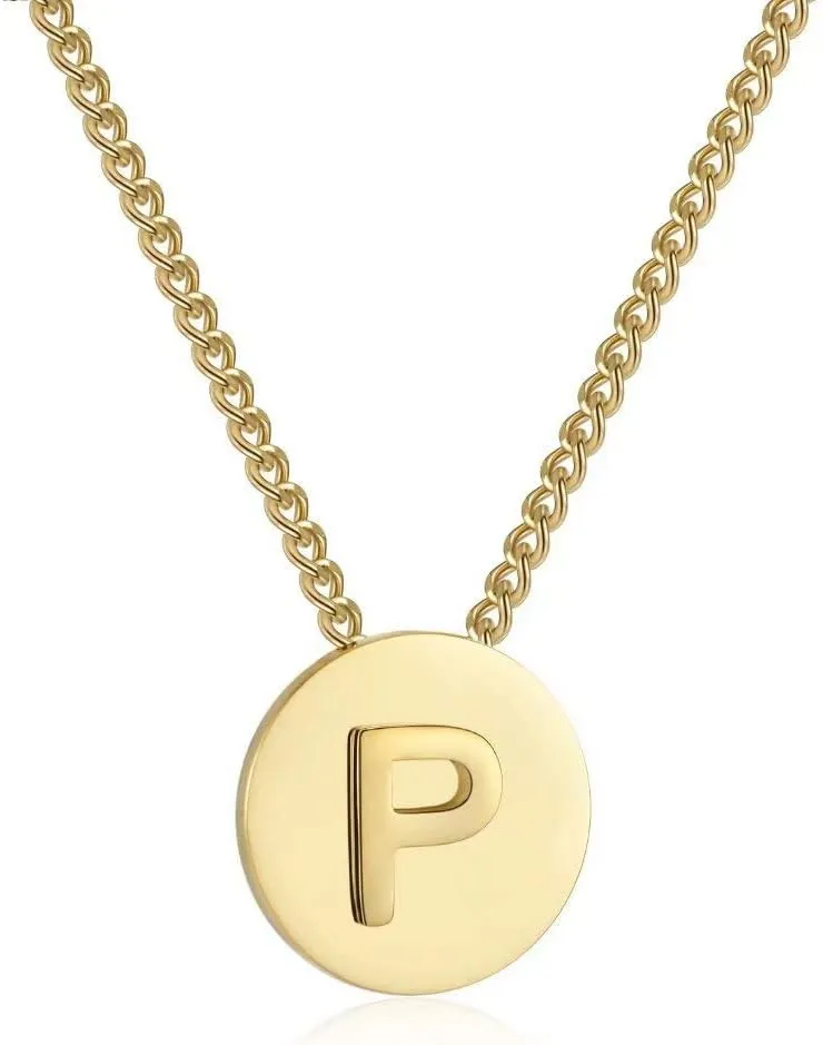 Presentski Initial Necklaces for Women,Gold Letter Necklace Round Disc Engraved Hammered Name Necklace Adjustable Personalized Alphabet Capital Letter Pendant Necklace