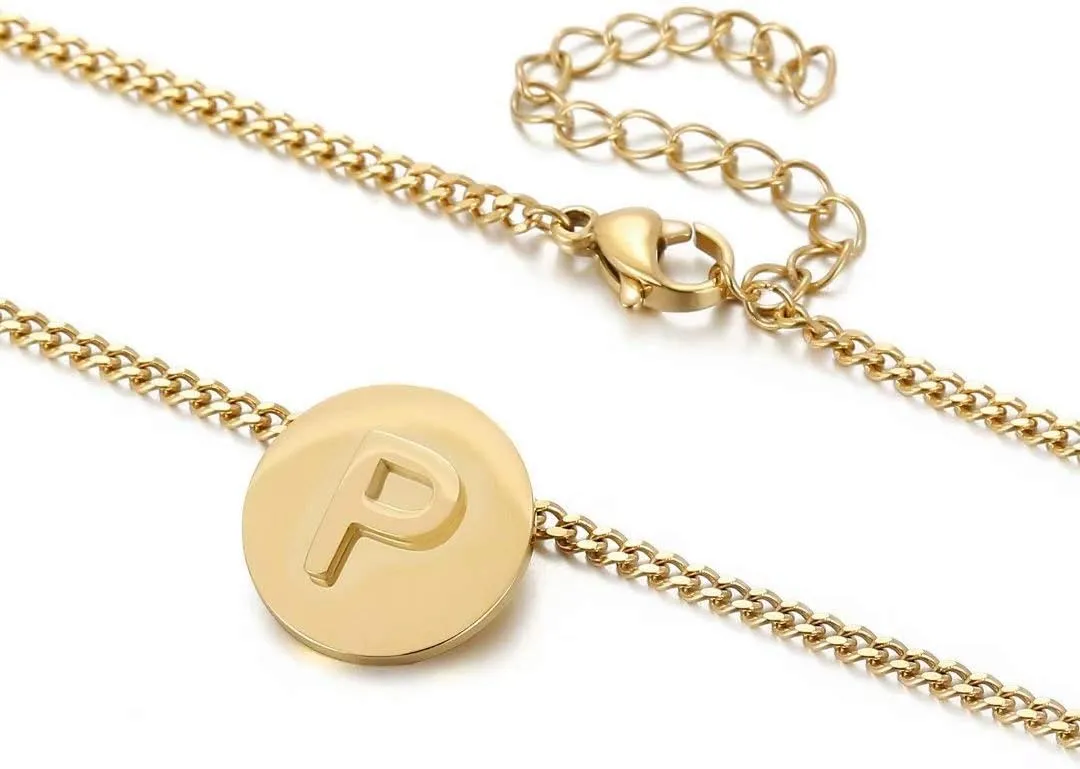 Presentski Initial Necklaces for Women,Gold Letter Necklace Round Disc Engraved Hammered Name Necklace Adjustable Personalized Alphabet Capital Letter Pendant Necklace