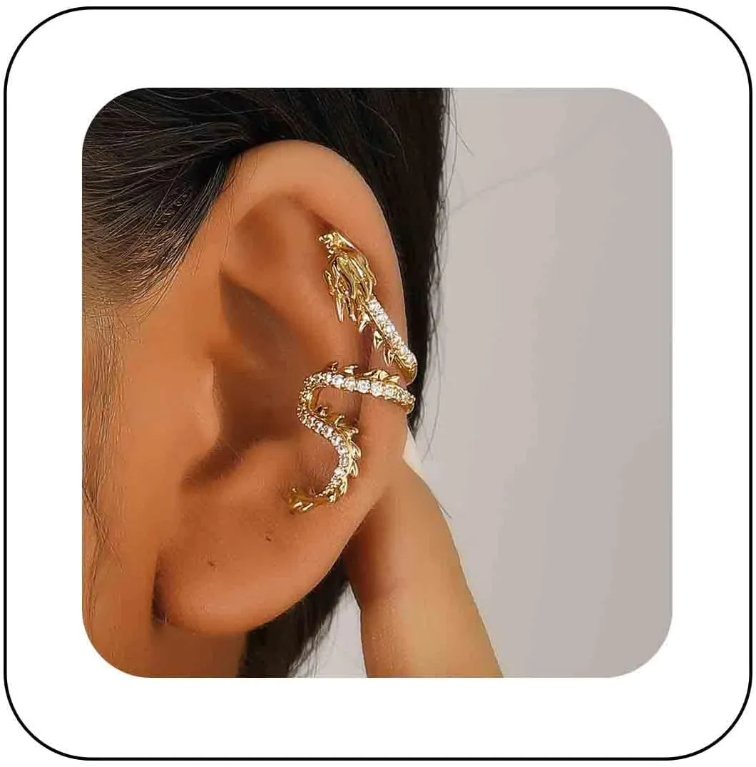 Punk Dragon Ear Cuff Earrings Crystal Dragon Earring Gold Dragon Cuff Wrap Earrings Cz Dragon Cartilage Cuff Earrings Dragon Crawler Cuff Earrings Jewelry For Women(Gold Left)