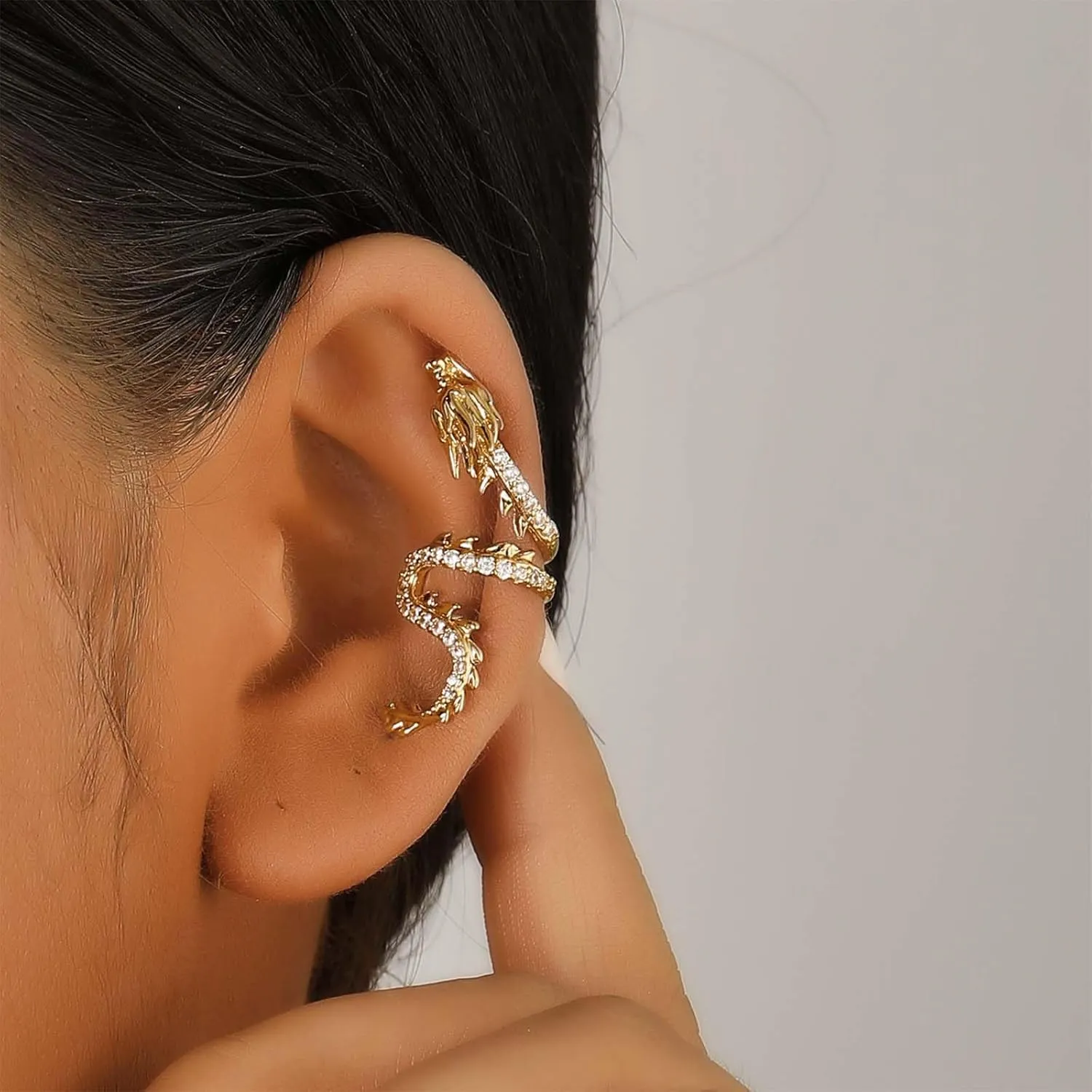 Punk Dragon Ear Cuff Earrings Crystal Dragon Earring Gold Dragon Cuff Wrap Earrings Cz Dragon Cartilage Cuff Earrings Dragon Crawler Cuff Earrings Jewelry For Women(Gold Left)