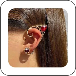 Punk Elf Climber Cuff Earrings Gold Ruby Ear Cuff Earring Fairy Elf Ear Wrap Earrings Red Crystal Stud Earrings Elf Ear Crawler Earrings Jewelry for Women
