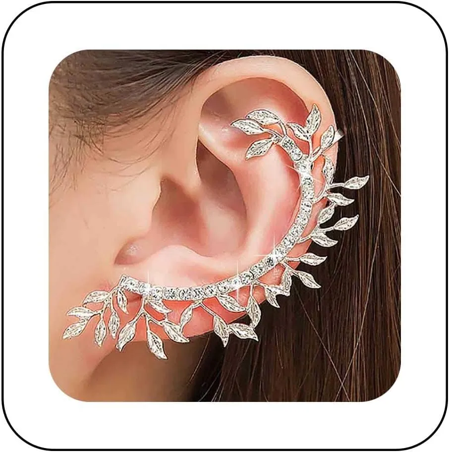 Punk Leaf Climber Cuff Earrings Silver Leaves Ear Cuff Earrings Cz Leaf Ear Wrap Earrings Crystal Leaf Earrings Leaves Ear Crawler Earrings Jewelry for Women