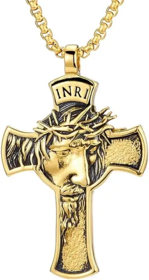 Punk Rock Stainless Steel Inri Crucifix Jesus Piece Cross Pendant Necklaces For Men Rock Jewelry Gold Silver Color