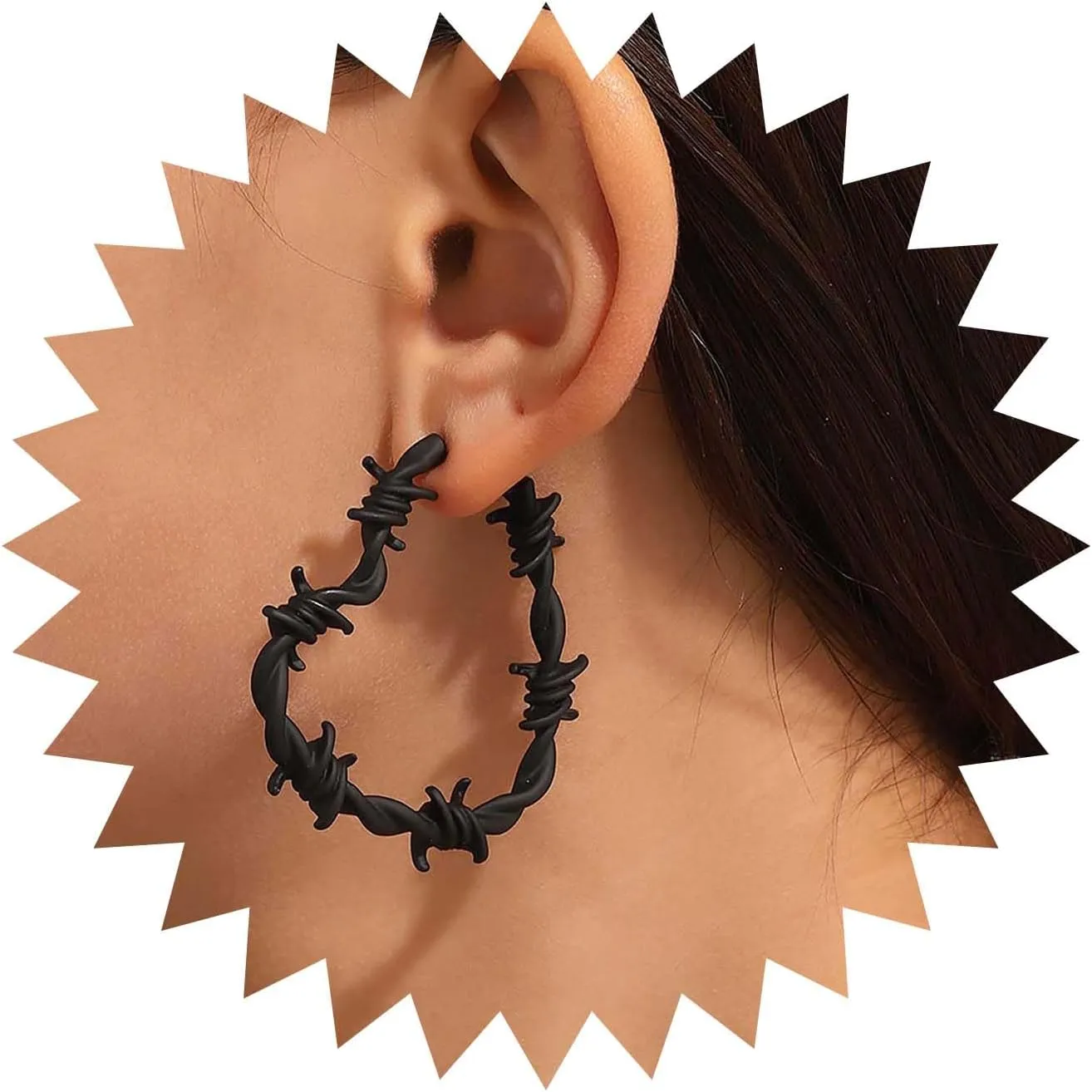 Punk Thorn Dangle Hoop Stud Earrings - Black & Hollow Heart Drop Earings with Barbed Wire Design - Women's Jewelry