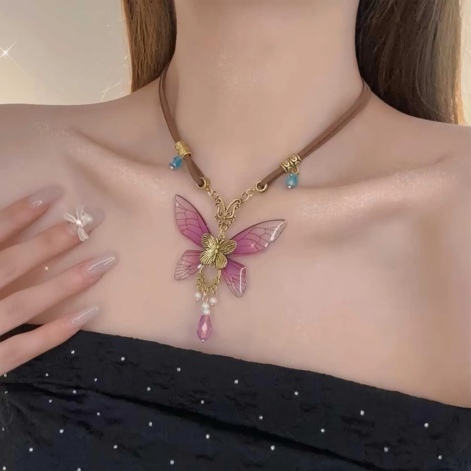 Purple Butterfly Necklace for Women Y2k Purple Choker Necklace Vintage Layered Butterfly Fairy Outfit Jewelry