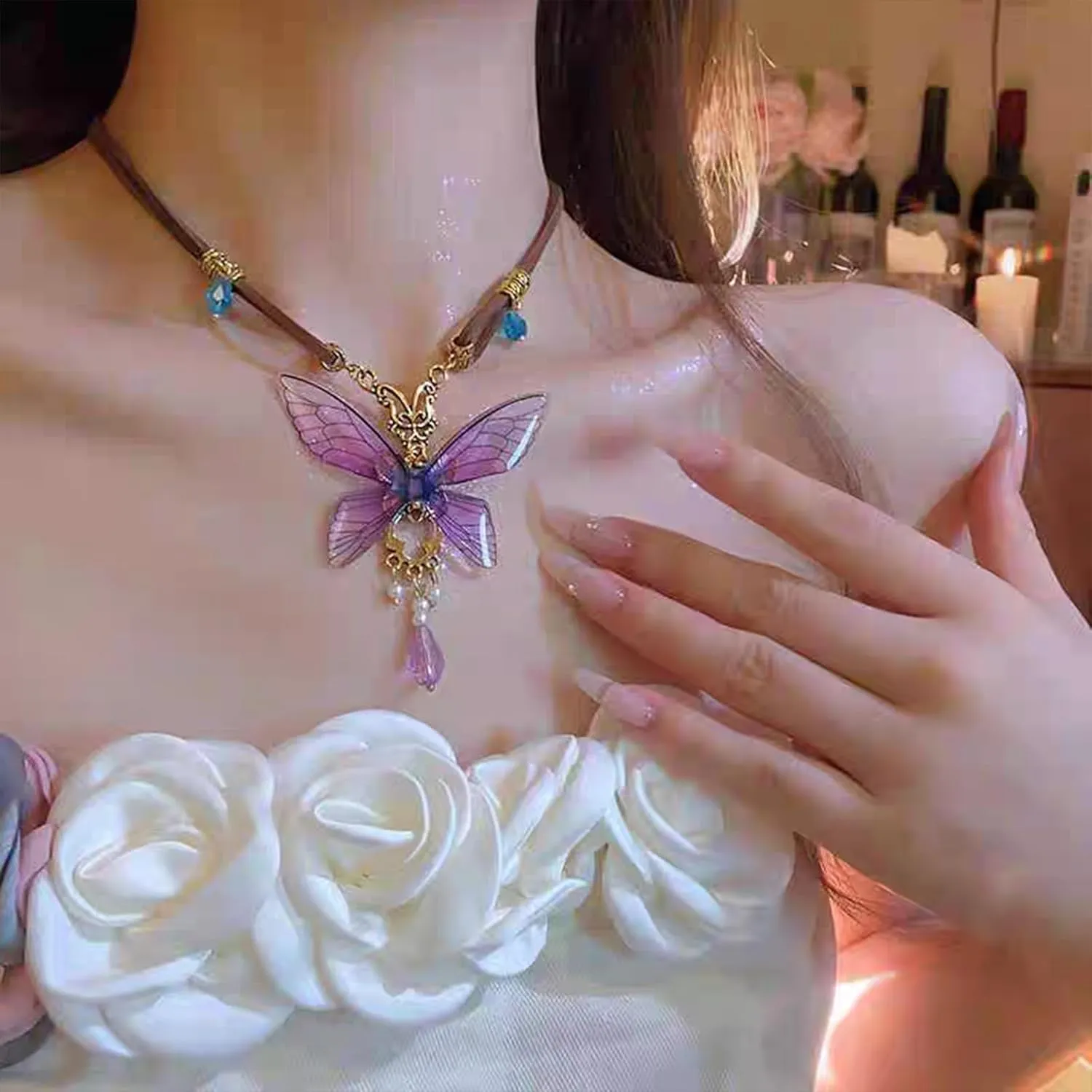 Purple Butterfly Necklace for Women Y2k Purple Choker Necklace Vintage Layered Butterfly Fairy Outfit Jewelry