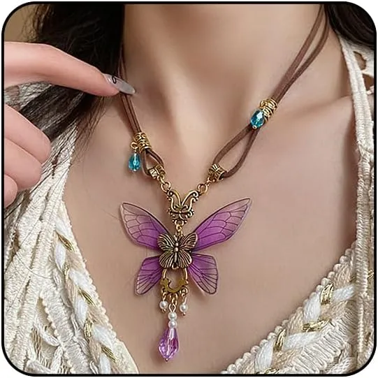Purple Butterfly Necklace for Women Y2k Purple Choker Necklace Vintage Layered Butterfly Fairy Outfit Jewelry