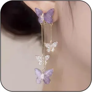 Purple Crystal Butterfly Tassels Statement Earrings for Women, Charming Multiple Butterflies Animal Dangle Earrings Sparkly Rhinestone Stud Jewelry