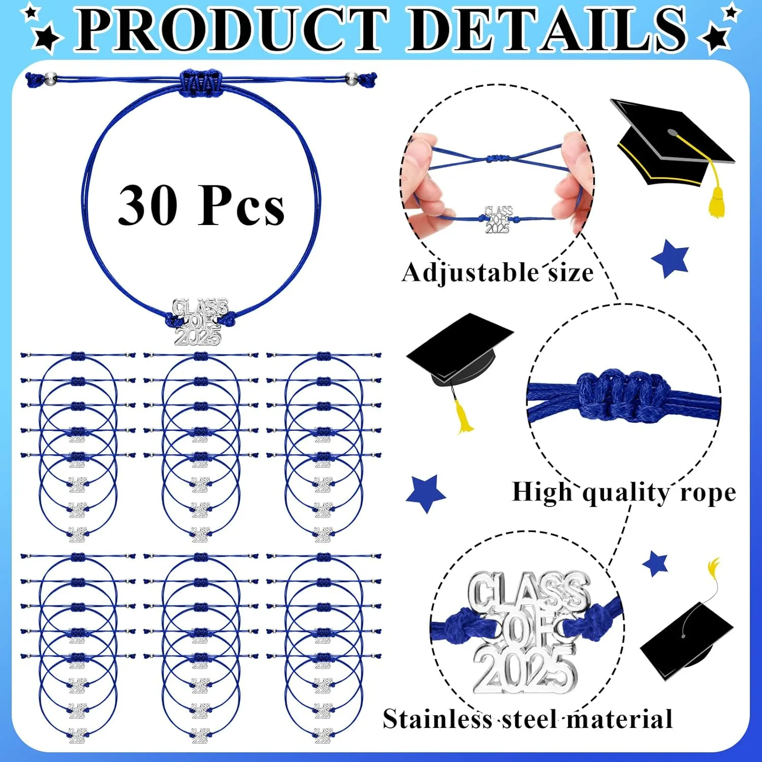 Quelay 30 Pcs Class of 2025 Bracelets Adjustable Class of 2025 Bracelets Bulk Graduation Gifts Senior Night Party Favor