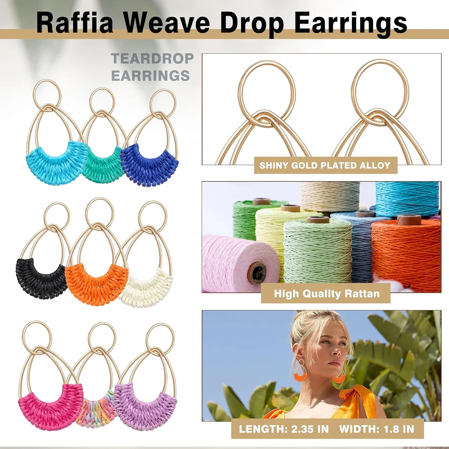 Raffia Hoop Earrings for Women Fun Boho Summer Beach Earrings Lightweight Handmade Straw Wicker Rattan Dangle Earrings Statement Geometric Round Drop Earrings