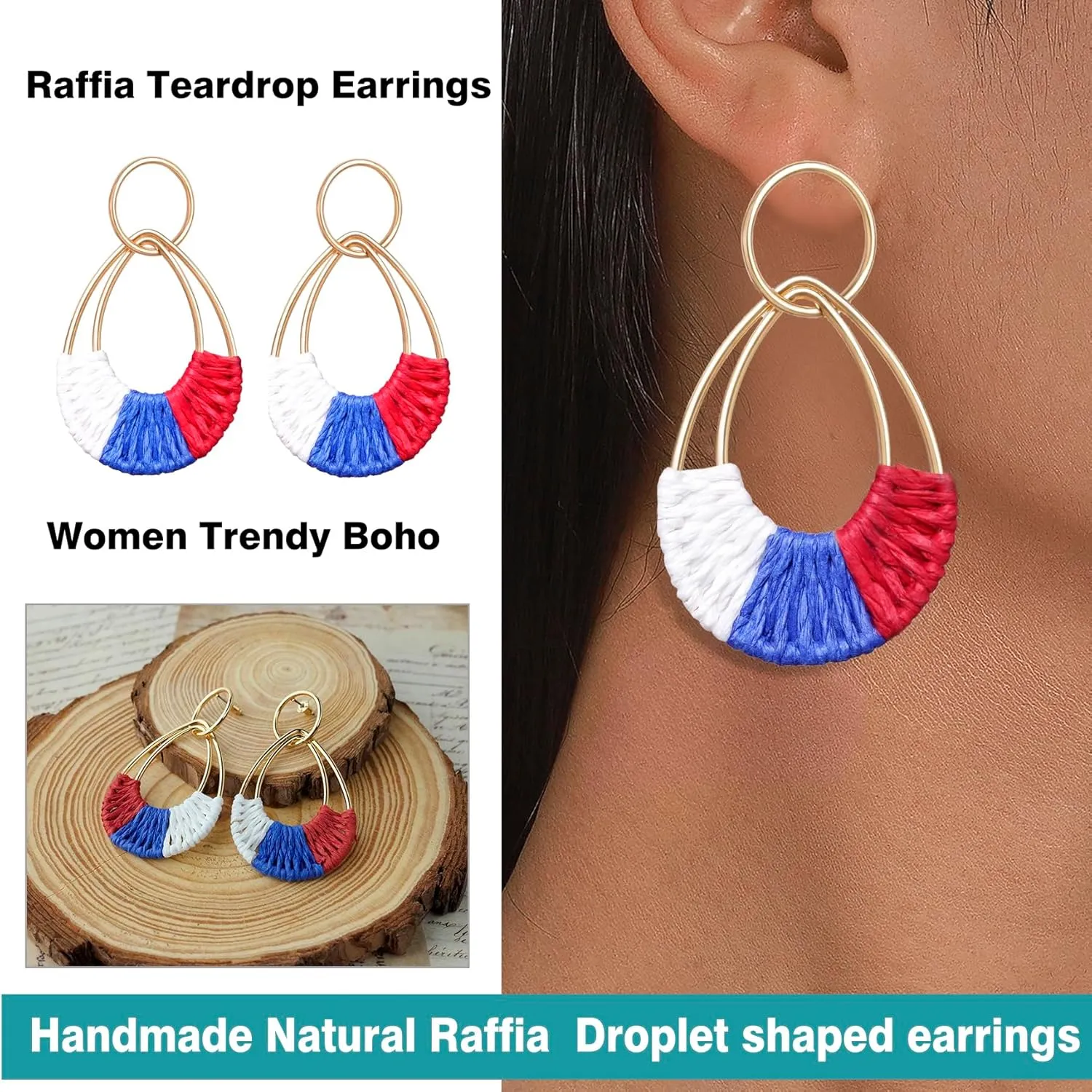 Raffia Hoop Earrings for Women Fun Boho Summer Beach Earrings Lightweight Handmade Straw Wicker Rattan Dangle Earrings Statement Geometric Round Drop Earrings
