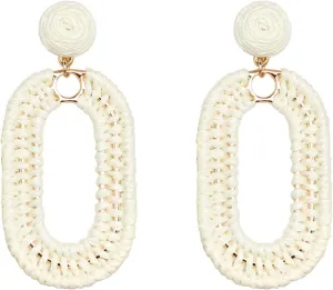 Raffia Oval Earrings for Women - Boho Woven Rattan Earrings for Summer Beach - Tropical Vacation Earrings
